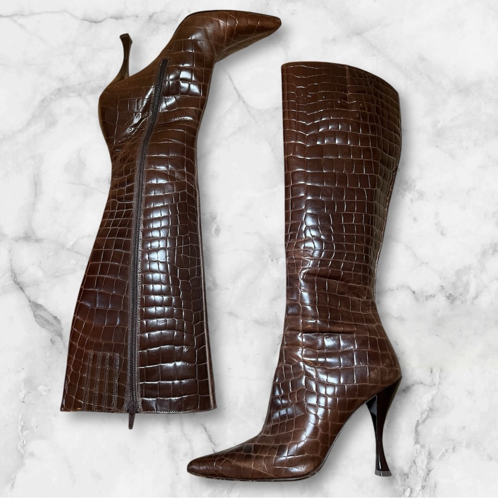 Via Spiga Leather Croc Heeled Boots Made in Italy Size 7